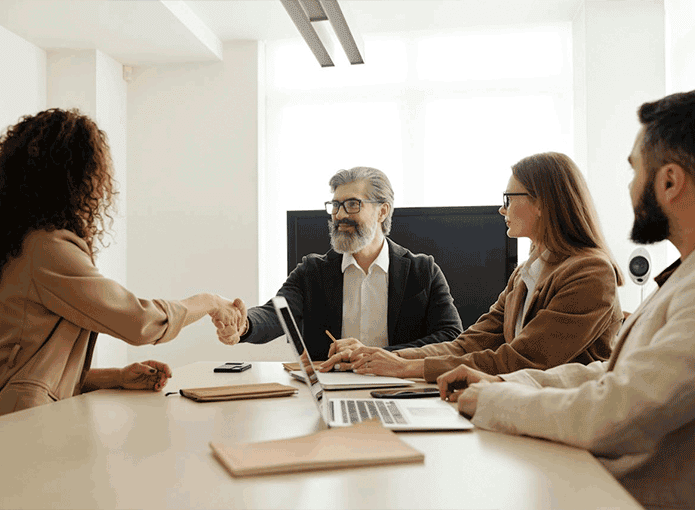 Um grupo de pessoas sentadas ao redor de uma mesa apertando as mãos